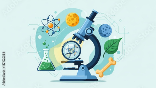 A microscope with a beaker of green liquid and various scientific symbols around it including an atom dna and a leaf on a light blue background with a bone and moon