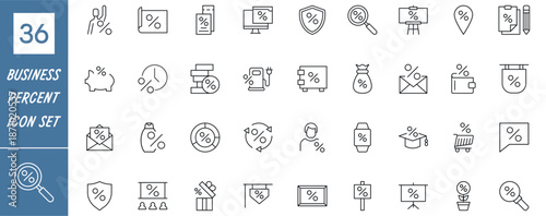 Business and finance icon set with percent symbols. Includes sales, discounts, marketing, analytics, banking, shopping and investment icons. Clean line style for web and app design.Vector illustration