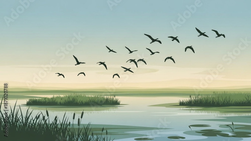 Serene landscape with flock of birds flying over calm lake at sunset with lush greenery and clear blue sky with peaceful scene and nature and wildlife