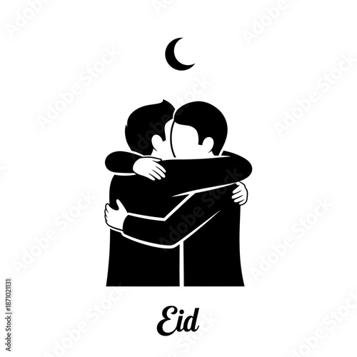 People hug on Eid under crescent moon with love