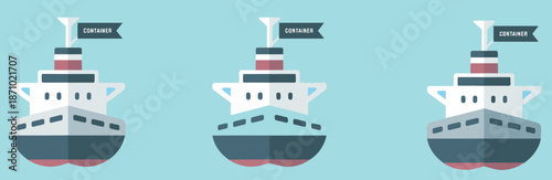 Illustration of three container ships carrying cargo containers on ocean water with shipping flags, representing global maritime transport logistics industry flat vector illustration