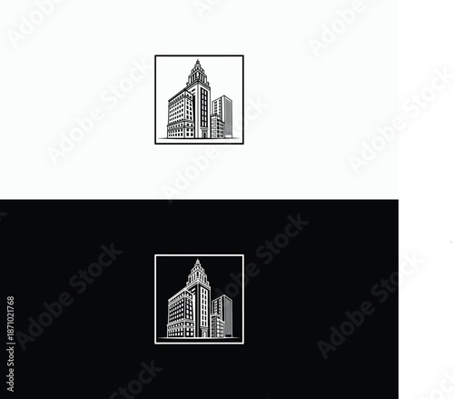 Minimalist Line Art Logo of Three Tall Buildings, One Dominated by a Tower, Presented Twice