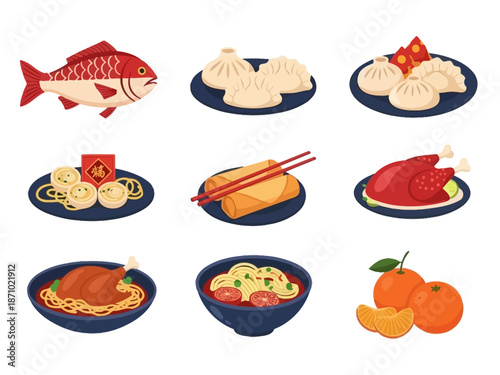 Lunar New Year Prosperity Food Icons with Mandarin Oranges and Fish 