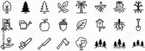 Collection of black and white line art icons representing trees plants and gardening tools leaf root