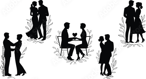 Romantic couple silhouette, love scene, holding hands, dating moment, relationship bonding, floral frame, affection, intimacy, couple pose, elegance

 flat vector illustration