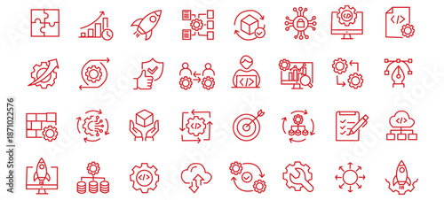 DevOps icon set. Software development and operations icon collection. Editable line icons. Vector illustration.