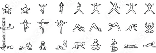 Collection of simple line art figures performing various yoga poses vector