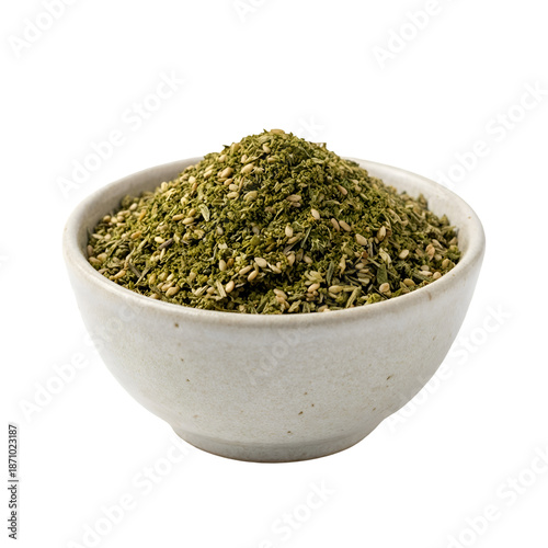 A Vibrant Zaatar Spice Blend with Sesame Seeds and Dried Herbs, Presented in a Rustic Ceramic Bowl, Isolated Against a Dark Black Background