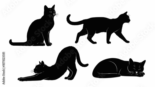 Black Cat Silhouettes in Various Poses.