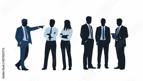 Business team meeting and discussion with leader pointing direction.