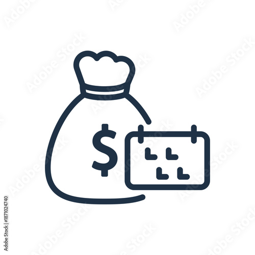 Budgetary Planning Icon Vector. Money Bag and Calendar Outline Symbol