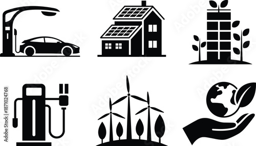 Six black depicting renewable energy and eco friendly concepts sustainability green energy solar power