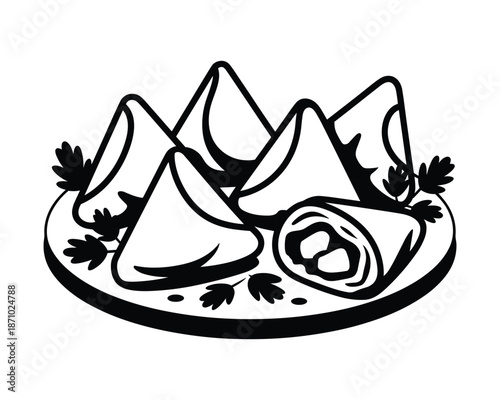 black and white illustration of samosas on a plate