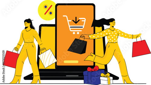 Digital Shopping Spree: Two animated figures revel in the vibrant world of online shopping, surrounded by virtual shopping carts and special offers.