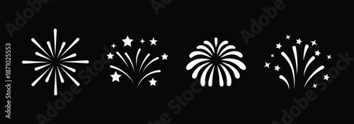 Golden firework displays and starbursts against a solid black background. Black fireworks displays arranged in a grid minimalist design silhouette. Black fireworks display with stars a dramatic icons