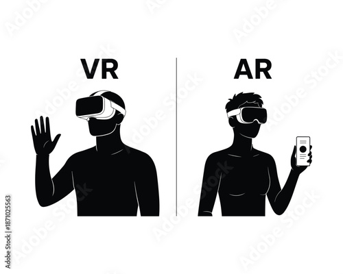 Virtual reality and augmented reality concept with people wearing VR headset and holding smartphone