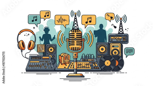 Vibrant music production studio setup with microphone dj equipment and speakers surrounded by creative elements like music notes and speech bubbles perfect for radio