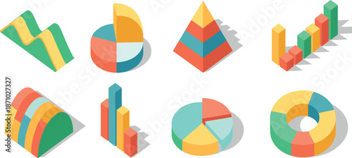Colorful isometric 3D data visualization charts set, business analytics infographic elements, statistics graphs, financial report icons, modern design