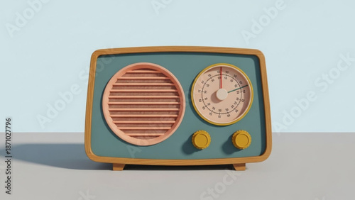Vintage teal and wood radio with yellow dials on a light blue background with vintage radio and retro radio and analog radio and teal radio and radio dial