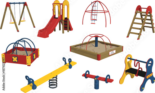 Colorful playground equipment collection, kids swings and slides, sandbox, seesaw toys, outdoor play structures, isolated educational recreation set, for children