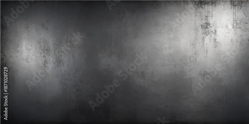 A dark aged metal plate surface featuring vintage grunge textures and industrial rivets against a black concrete wall pattern backdrop