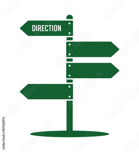 A green directional signpost with multiple arrows pointing in different directions on a white background