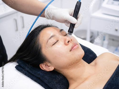 美容クリニックで毛穴洗浄の施術を受ける若い日本人女性