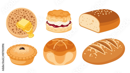 Assortment of baked goods including crumpets, scones, bread, and pies, perfect for breakfast or a snack