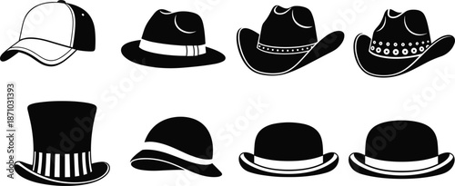 Collection of black silhouette hat icons including baseball cap fedora cowboy hat top hat bowler and cloche isolated on white