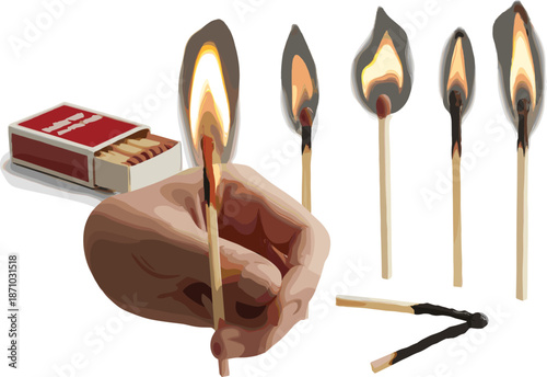 Hand lighting matchstick, burning matches sequence, fire safety concept, ignition and burnout stages, wooden matchbox, isolated creative studio background image