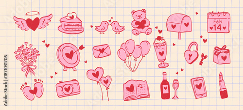 Hand drawn cute elements for Valentine's day. Stickers about love on blue checkered paper background decorated with whimsical bows, heart, cake, calendar. Vector.