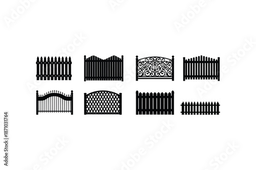 Silhouette of various fence and gate designs in black on a white background silhouette