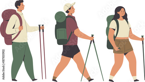 Hiking travelers illustration, backpackers with trekking poles, outdoor adventure tourism concept, male and female hikers, flat vector isolated white background