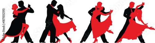 Silhouettes of ballroom dancing couples in elegant poses, showcasing movement, romance, coordination, and graceful interaction in black and red