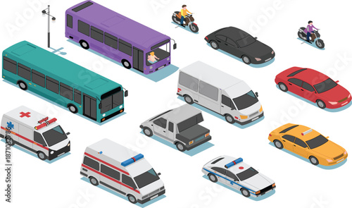 Isometric city traffic vehicles illustration, cars buses ambulance police taxi motorcycle van transport set, urban road transportation concept, design, background