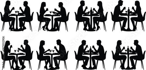 Silhouettes of romantic couples sitting at tables with drinks, symbolizing love, conversation, dining, and social connection in symmetry