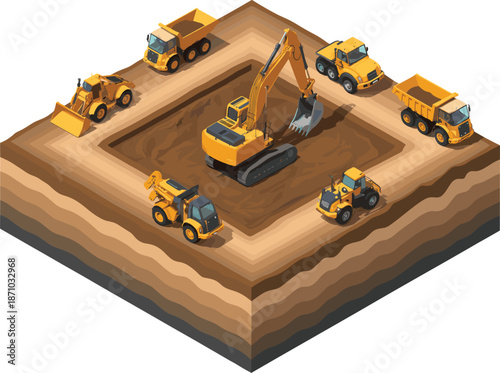 Isometric construction site, heavy machinery working, excavator digging soil, dump trucks loading earth, industrial equipment, earthmoving operation, 3D illustration concept