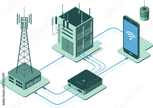 Isometric wireless communication network illustration showing cell tower server building router smartphone connectivity modern telecommunications infrastructure technology concept data internet