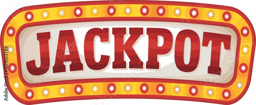 Jackpot casino sign illustration, retro illuminated marquee banner, gambling win concept, vintage Las Vegas style, colorful vector isolated white background