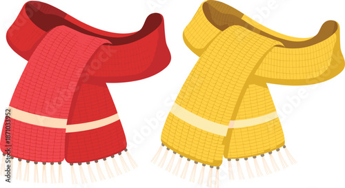 Knitted winter scarves illustration, red and yellow wool accessories, cozy fashion clothing, cold season apparel, flat vector design, isolated, background