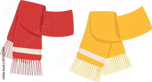 Knitted winter scarves illustration, red and yellow wool accessories, cozy fashion clothing, cold season apparel, flat vector design, isolated, background