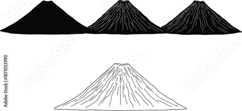 Minimalist Hand Drawn Vector Illustration Set of Volcanic Mountain Peaks and Mount Fuji Silhouette Isolated on White Background for Design