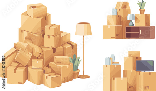 Moving boxes stacked in modern apartment, relocation concept, home interior items packed, cardboard storage, minimalist illustration, house moving day