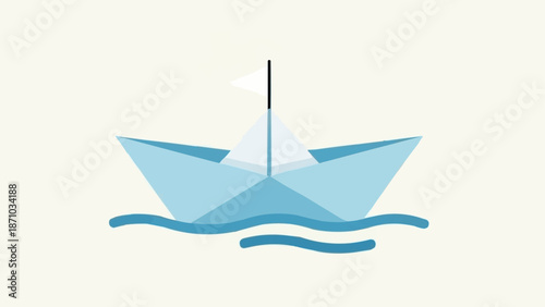 Origami paper boat floating on stylized blue waves.