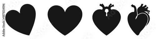 Collection of black heart silhouettes including classic and anatomical heart shapes. Minimalist vector-style symbols isolated on white background, ideal for design, love, health, or conceptual themes.