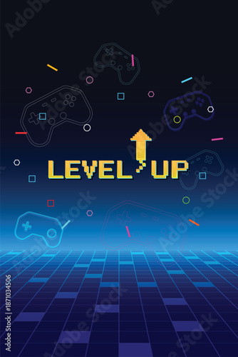 level up.  pixel art 8 bit. Retro Futurism Sci-Fi Background. glowing neon grid. and stars from vintage arcade computer games. Vertical Backgrounds