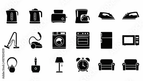 Household Appliances and Furniture Silhouettes Collection on White Background.