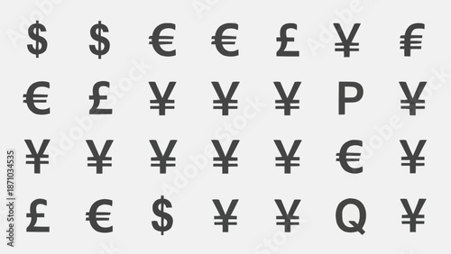 Collection of Currency Symbols on White Background.
