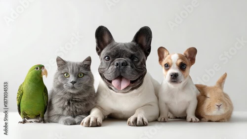 Group of different pets including dogs, a cat, a parrot, and a rabbit posing together and looking at the camera, all isolated on a seamless and clean white background in a studio setting
