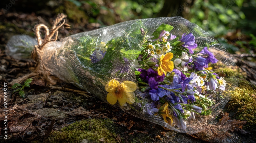 Fototapeta premium Delicate Clear Cellophane Wrapping Crinkled Around Flowers